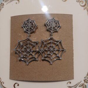 171- Silver tone halloween spider web metal and rhinestone earrings